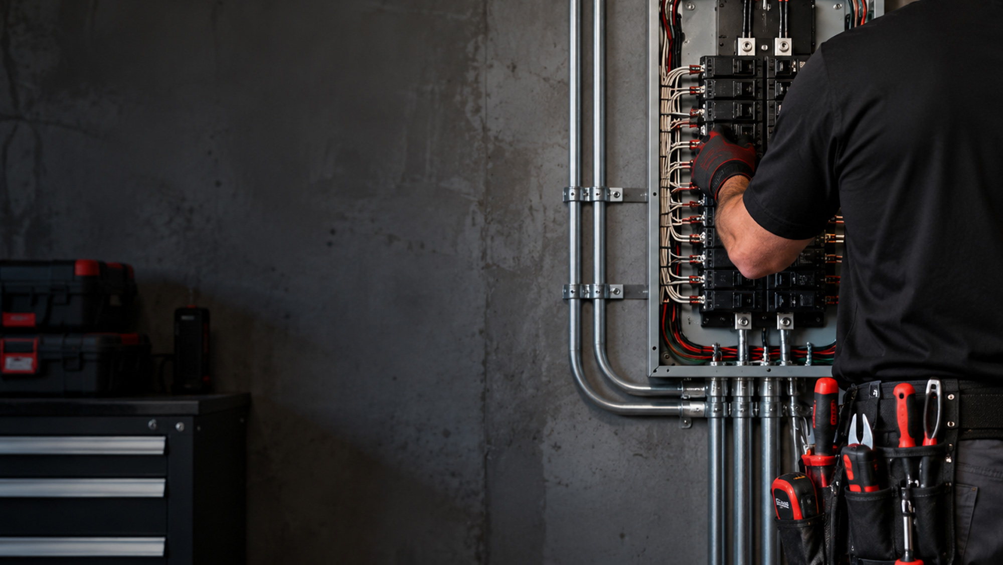 Illustrative electrician in a workshop